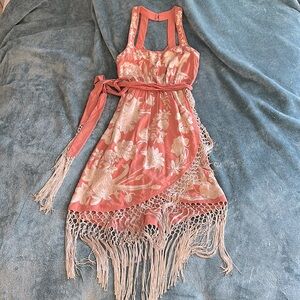 Anthropologie salmon pink embroidered w/ fringe dress